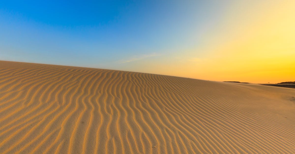 Golden sand dunes stretch across the desert landscape under a vibrant sunrise sky.